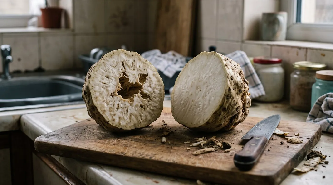 Halved celeriac roots, one woody and hollow in the middle, the other dense and creamy white