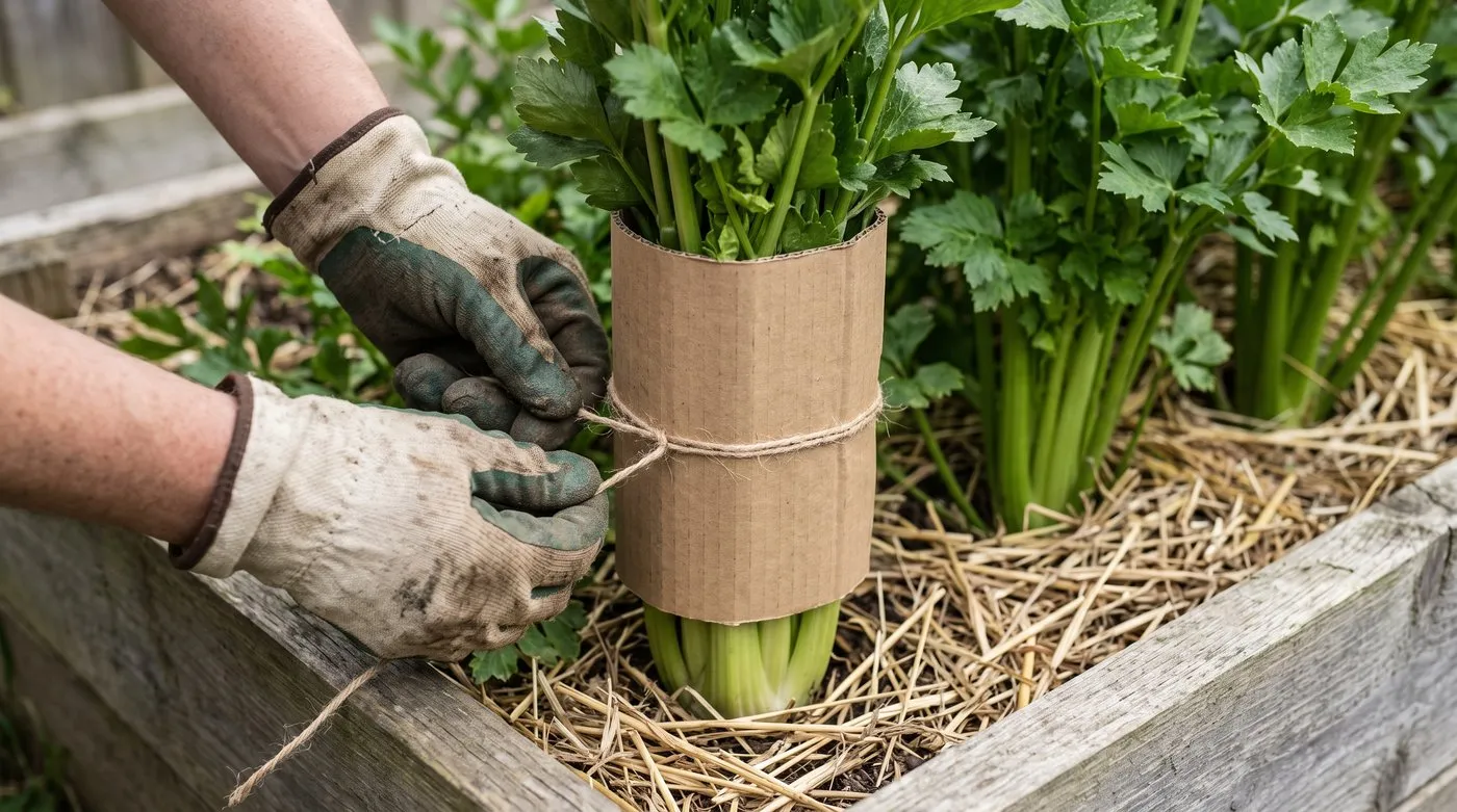 Gloved hands tying a plain cardboard collar around celery stems to blanch them in a raised bed