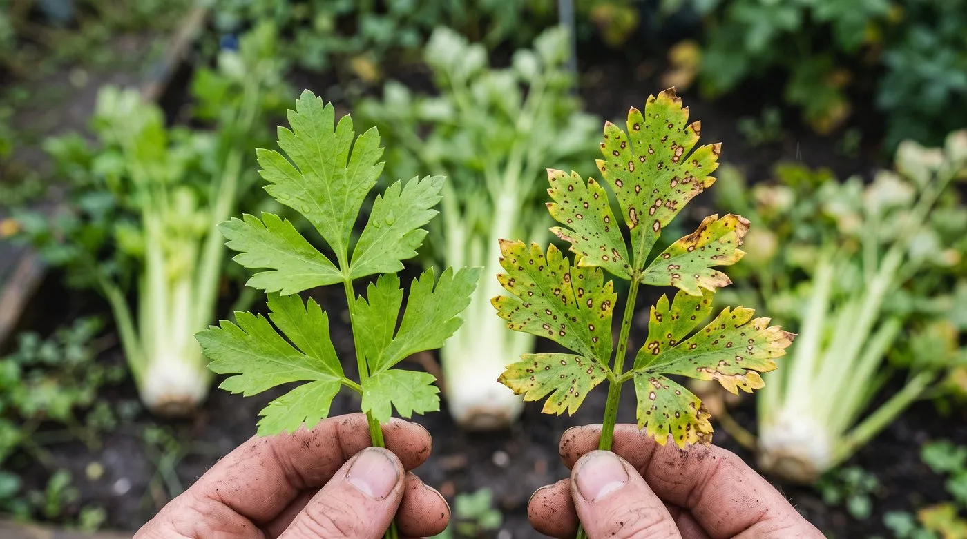 Healthy celery leaf beside a leaf covered in brown celery leaf spot with tiny black dots