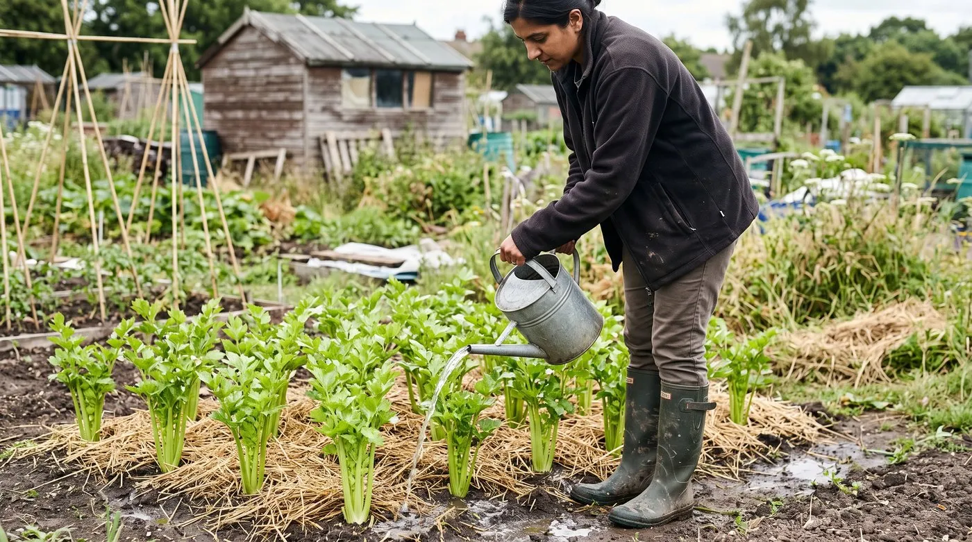 Woman watering the base of a straw-mulched block of young celery plants on an allotment