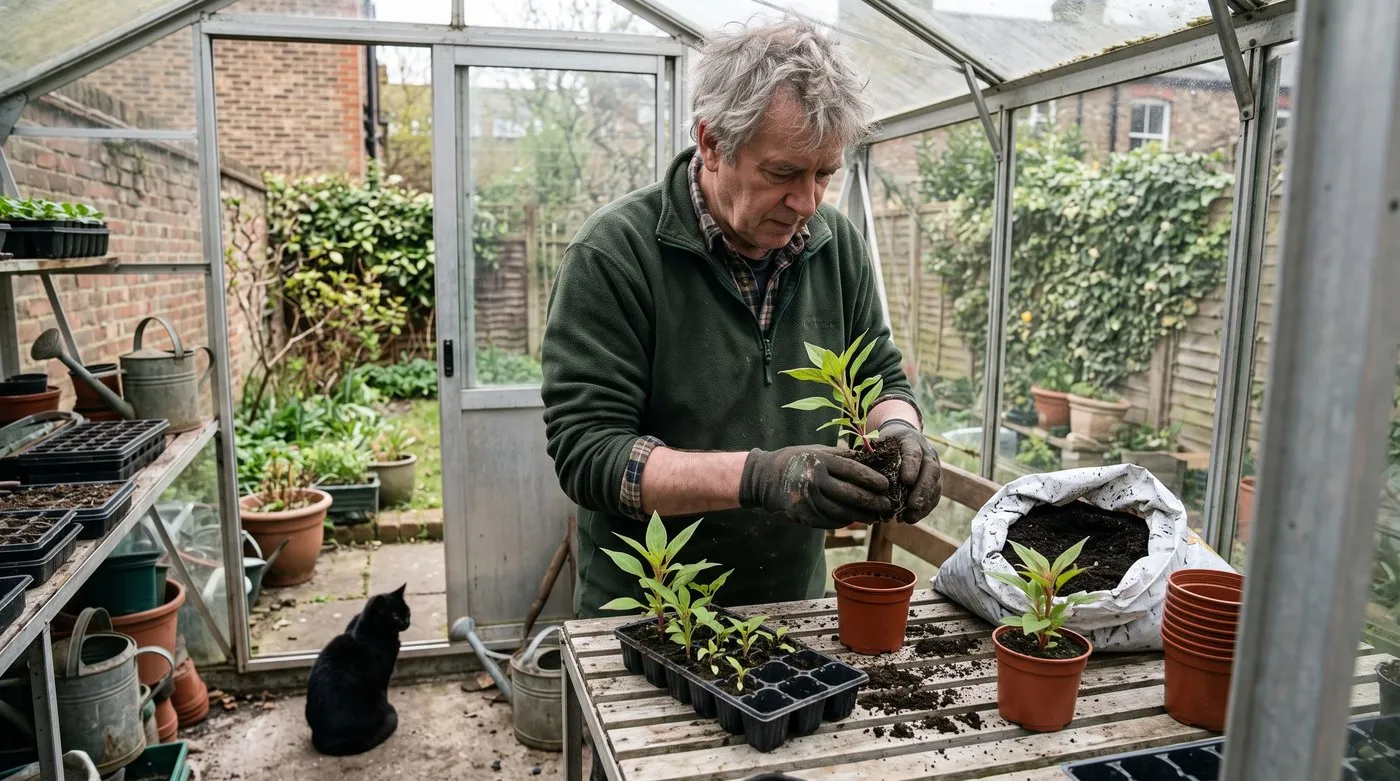 Man potting young celosia plug plants into small pots on a greenhouse bench while a cat sits nearby