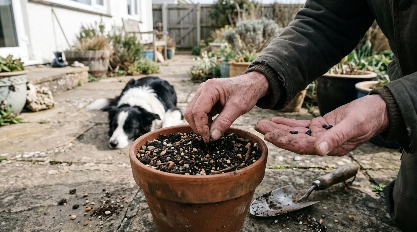 Hands pressing large black cerinthe seeds into a terracotta pot of gritty compost on a patio