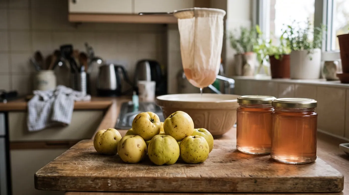 Small yellow Chaenomeles fruits on a chopping board beside jars of clear amber-pink jelly