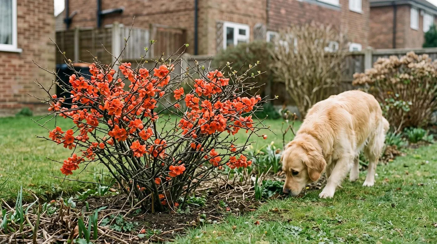 Low Chaenomeles japonica shrub with orange-red flowers on bare twigs at the front of a border