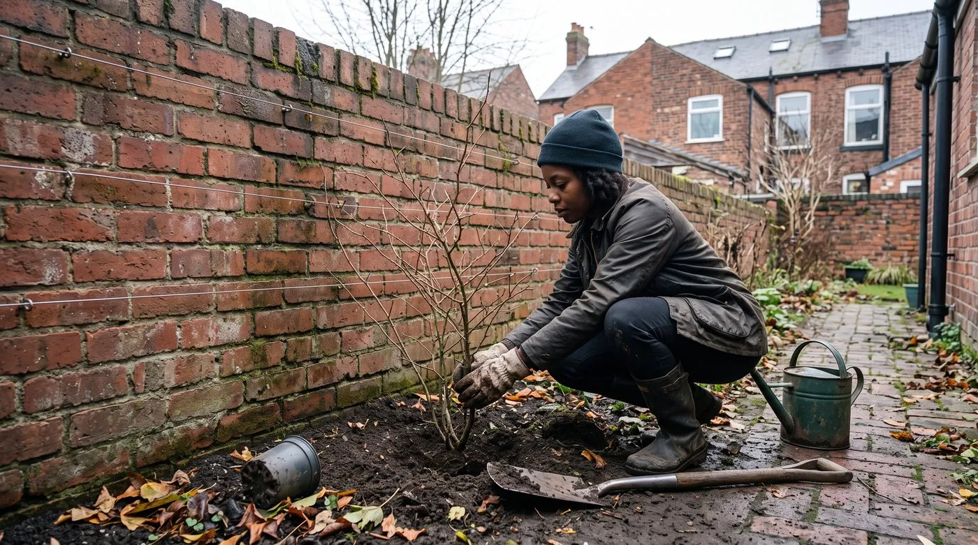 Gardener planting a young Chaenomeles about 30cm from a brick wall fitted with horizontal training wires