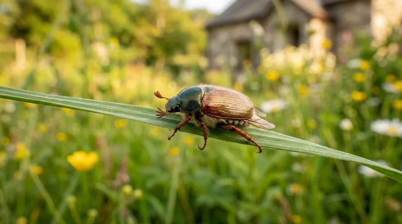 Adult garden chafer beetle with metallic green thorax resting on a grass blade in a Welsh garden