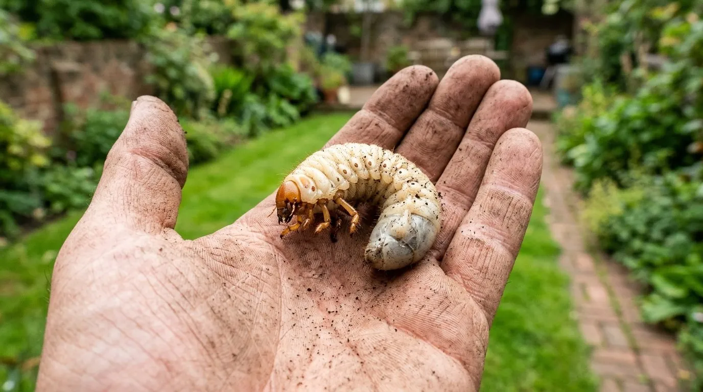 Close-up of a single C-shaped chafer grub held in a gardener's palm above a London terraced garden lawn