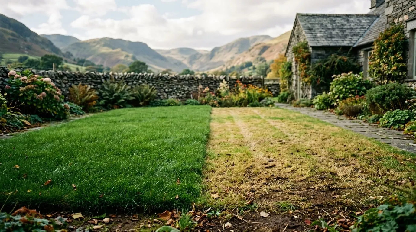 Healthy dense lawn beside a chafer-damaged patch in a Lake District cottage garden