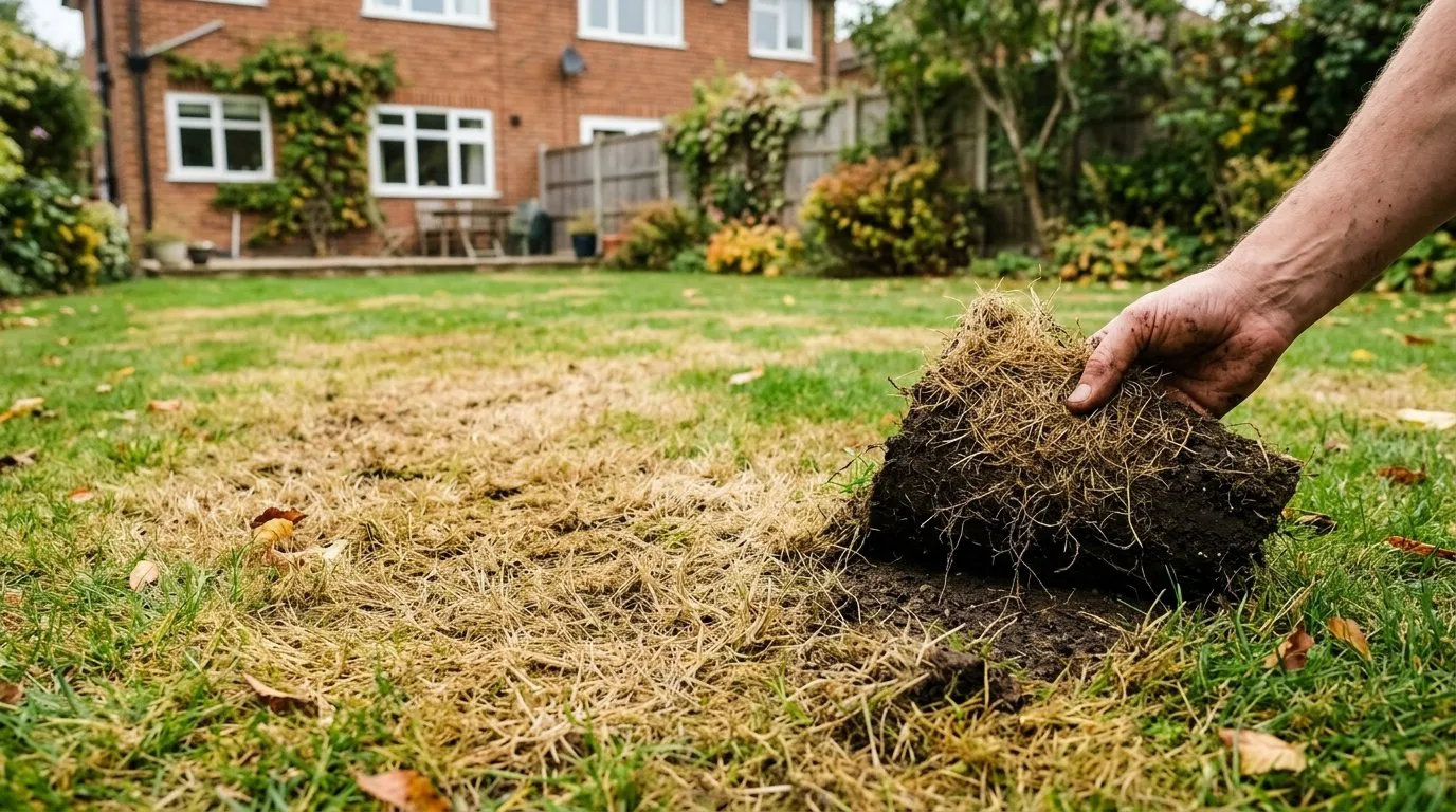Chafer grub lawn damage showing yellow dead patches on a suburban semi back lawn