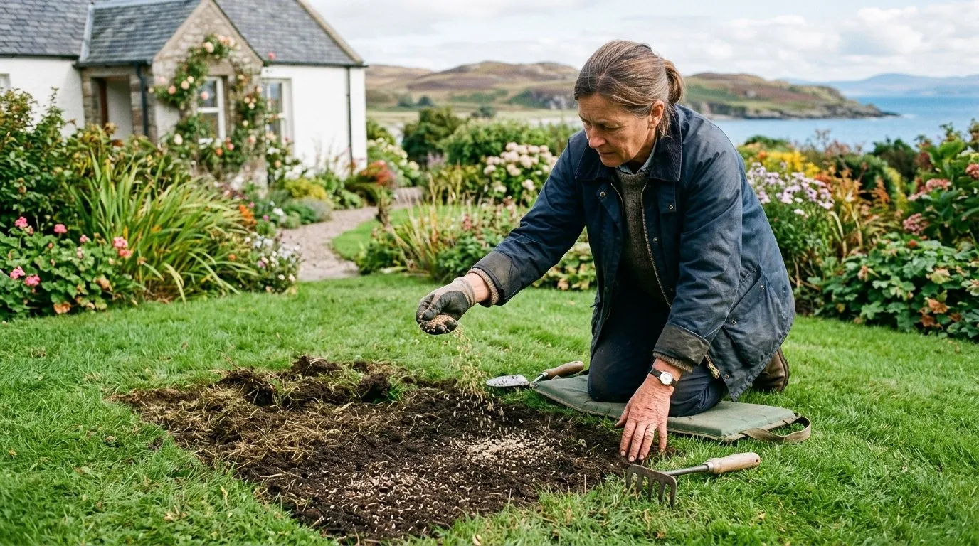 Reseeding a chafer-damaged lawn patch with grass seed and topdressing in a coastal Scottish garden