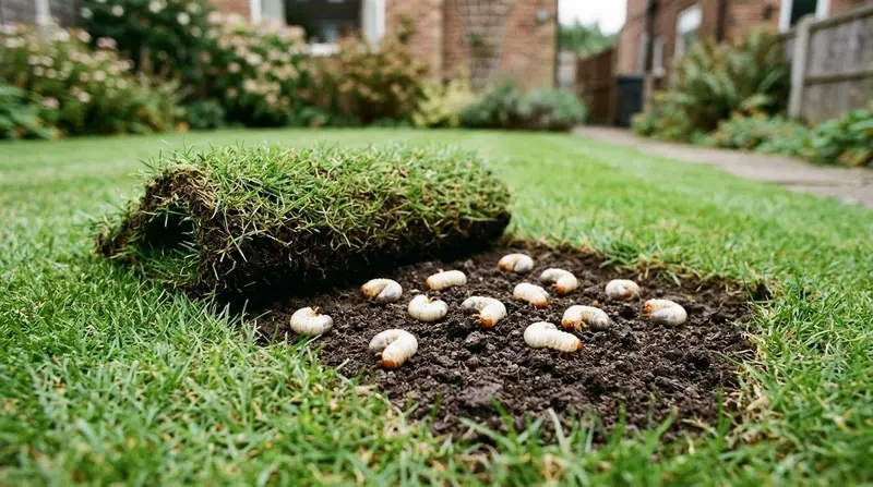Chafer grubs curled in a C-shape in the soil under a lifted flap of lawn turf