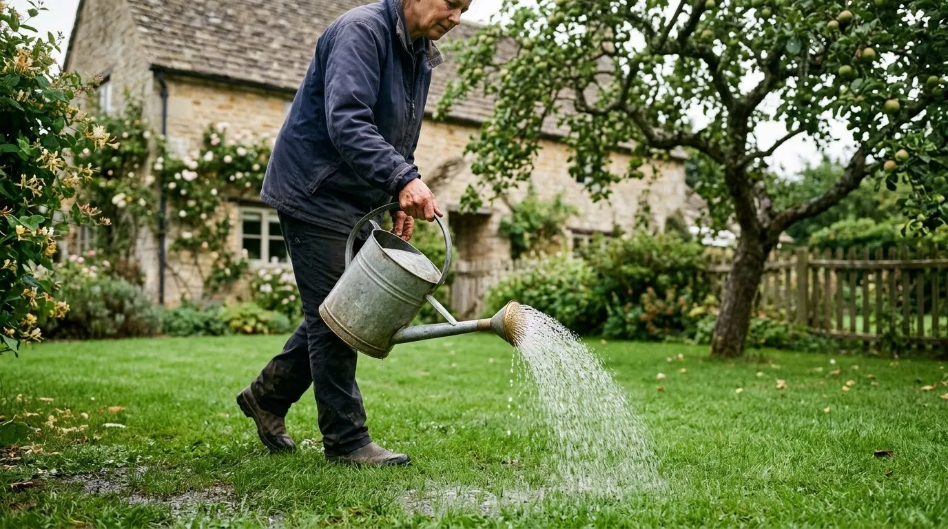 Applying chafer grub nematodes to a lawn with a watering can on a damp evening in a rural cottage garden