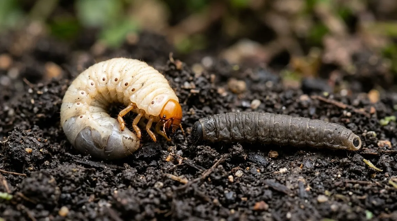 Chafer grub and leatherjacket larvae side by side on dark soil for comparison