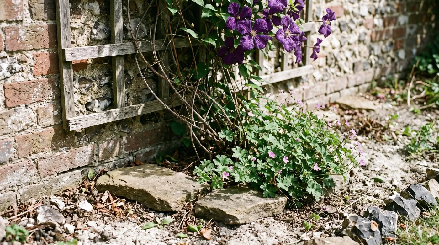 Clematis base shaded by flat stones and low plants while its purple flowers climb into the sun on chalky soil