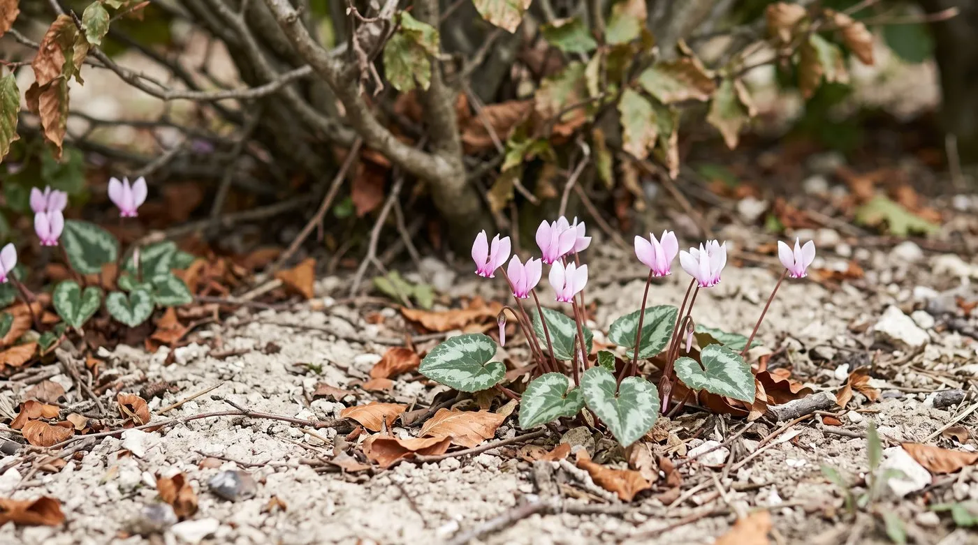 Pink and white hardy cyclamen with marbled leaves flowering under a beech hedge on chalky soil