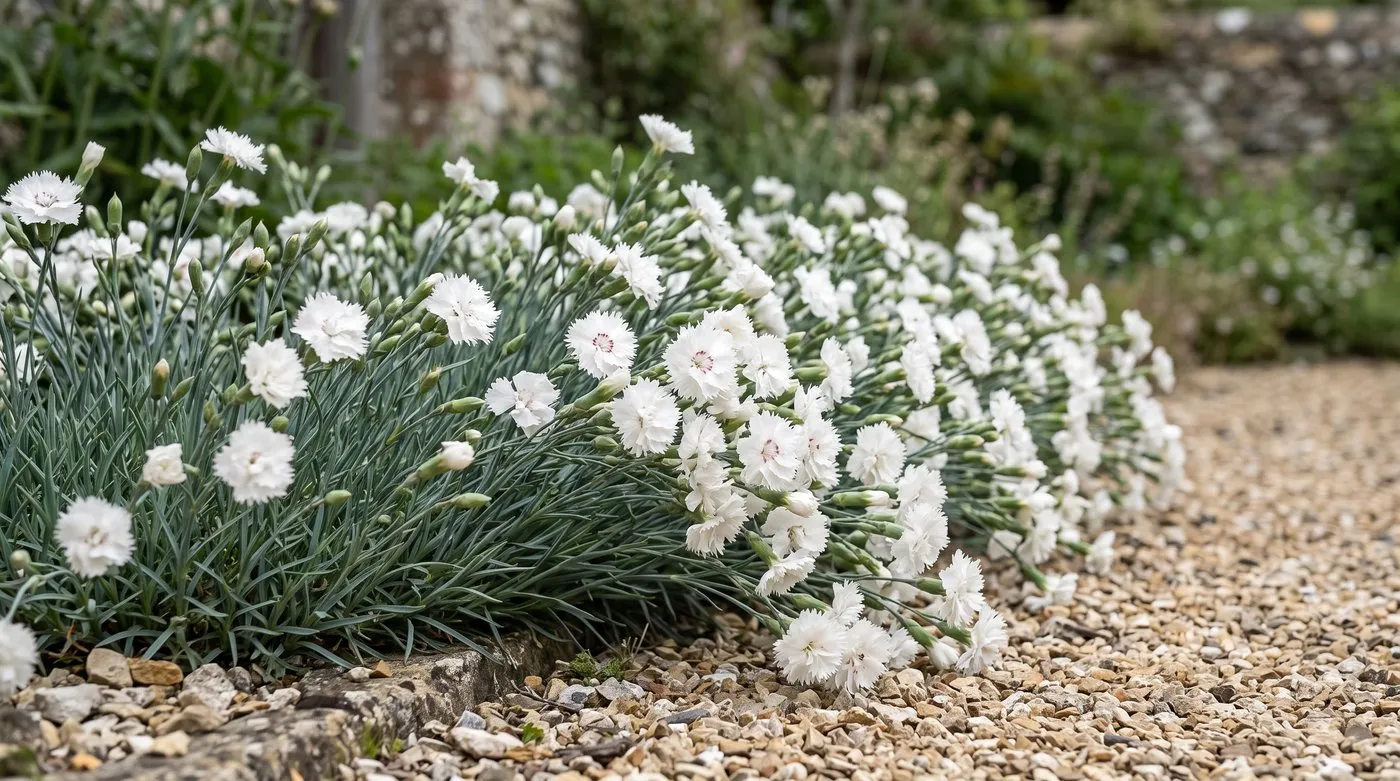 White fringed garden pinks with blue-grey leaves flowering in a sunny chalky soil border in June