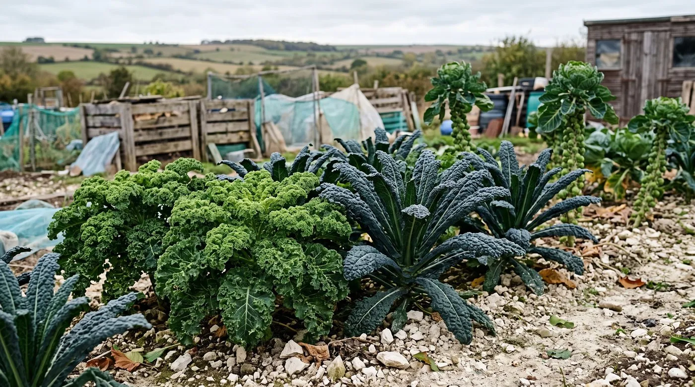 Healthy kale and cavolo nero growing in pale flinty chalky soil on an allotment