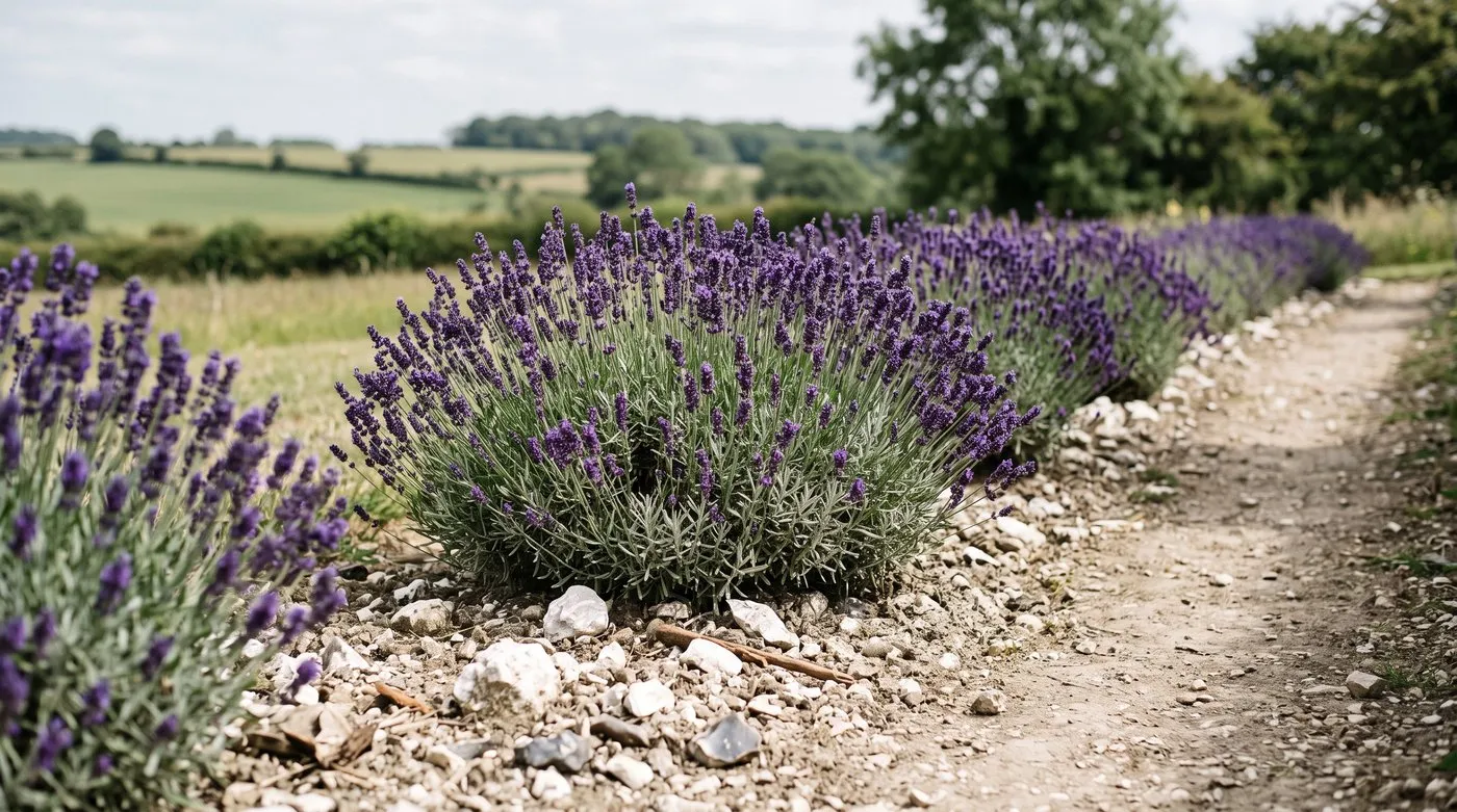 Deep purple lavender Hidcote growing in pale stony chalky soil with flints along a sunny path