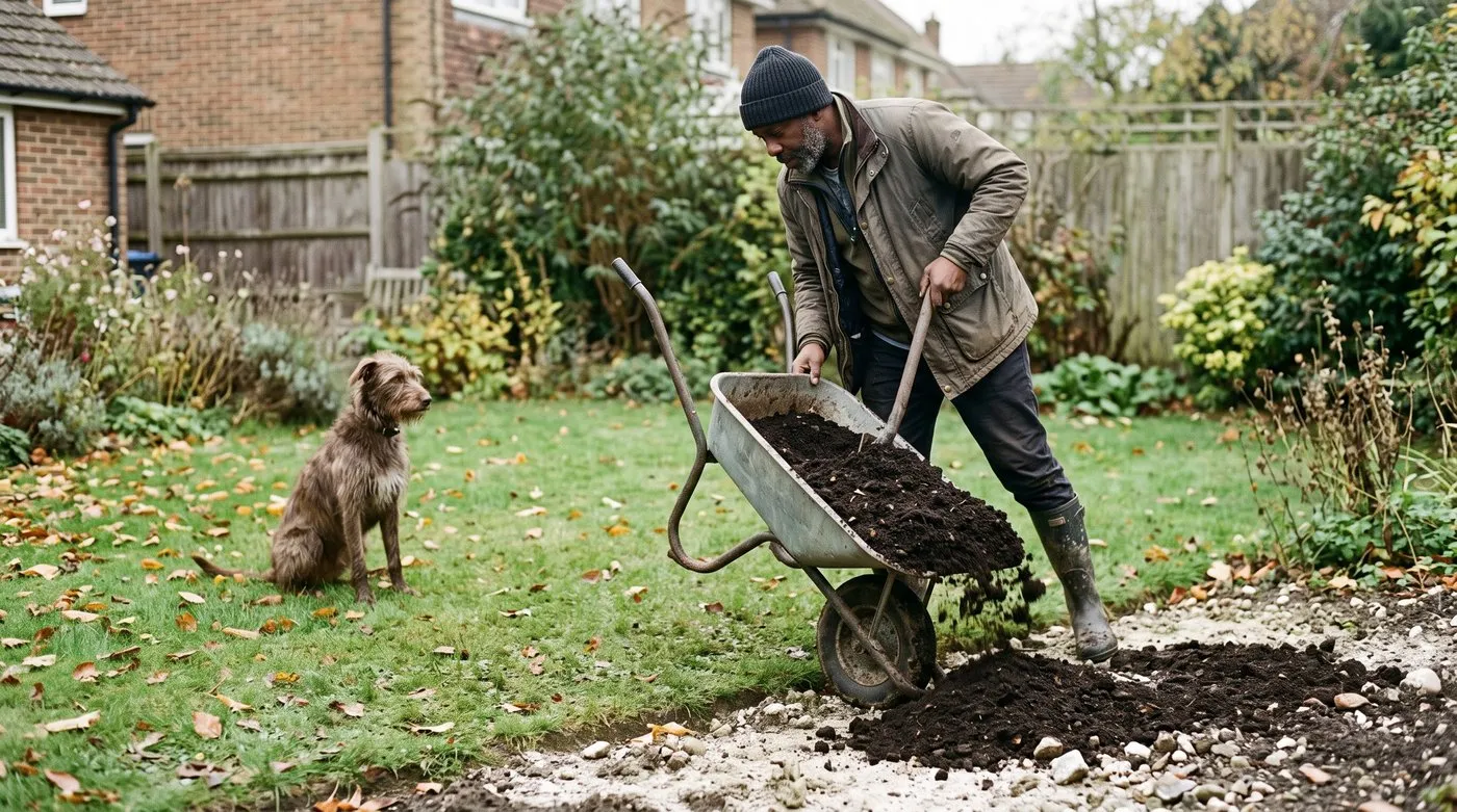 Gardener spreading a thick layer of compost over pale chalky soil in autumn while a dog watches