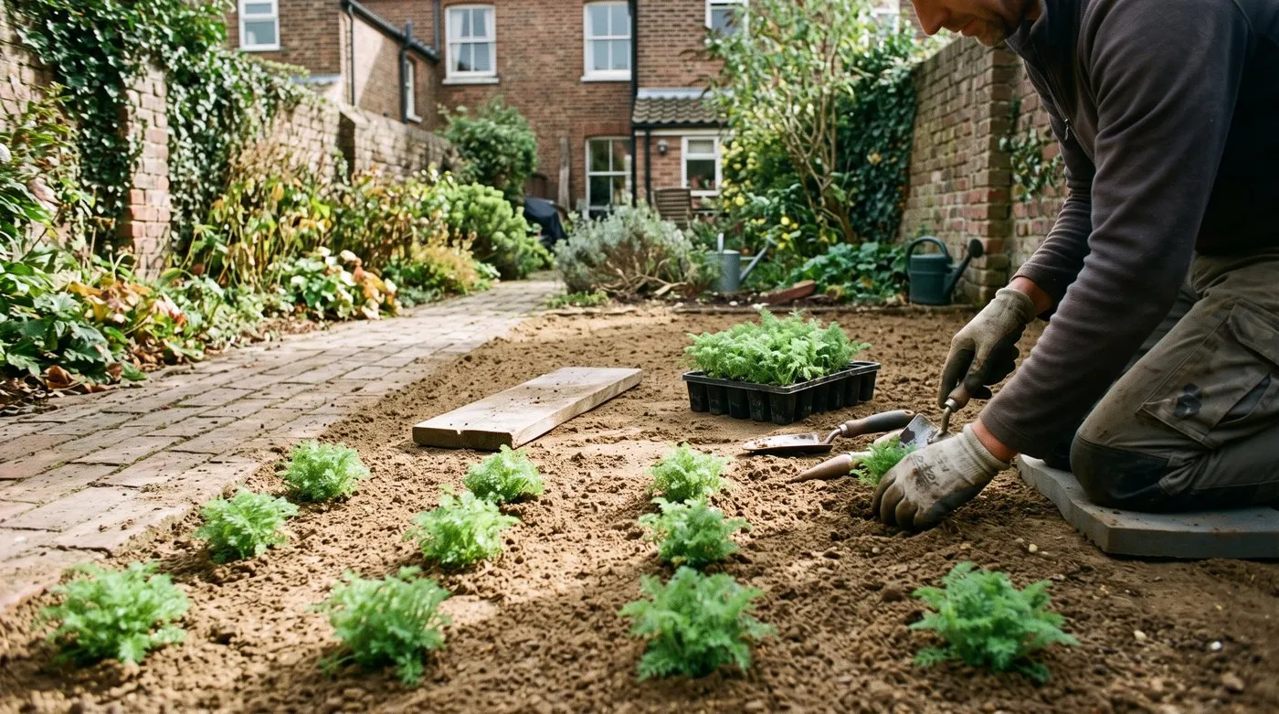 Treneague chamomile plugs planted in a grid 15cm apart on raked sandy soil beside a path