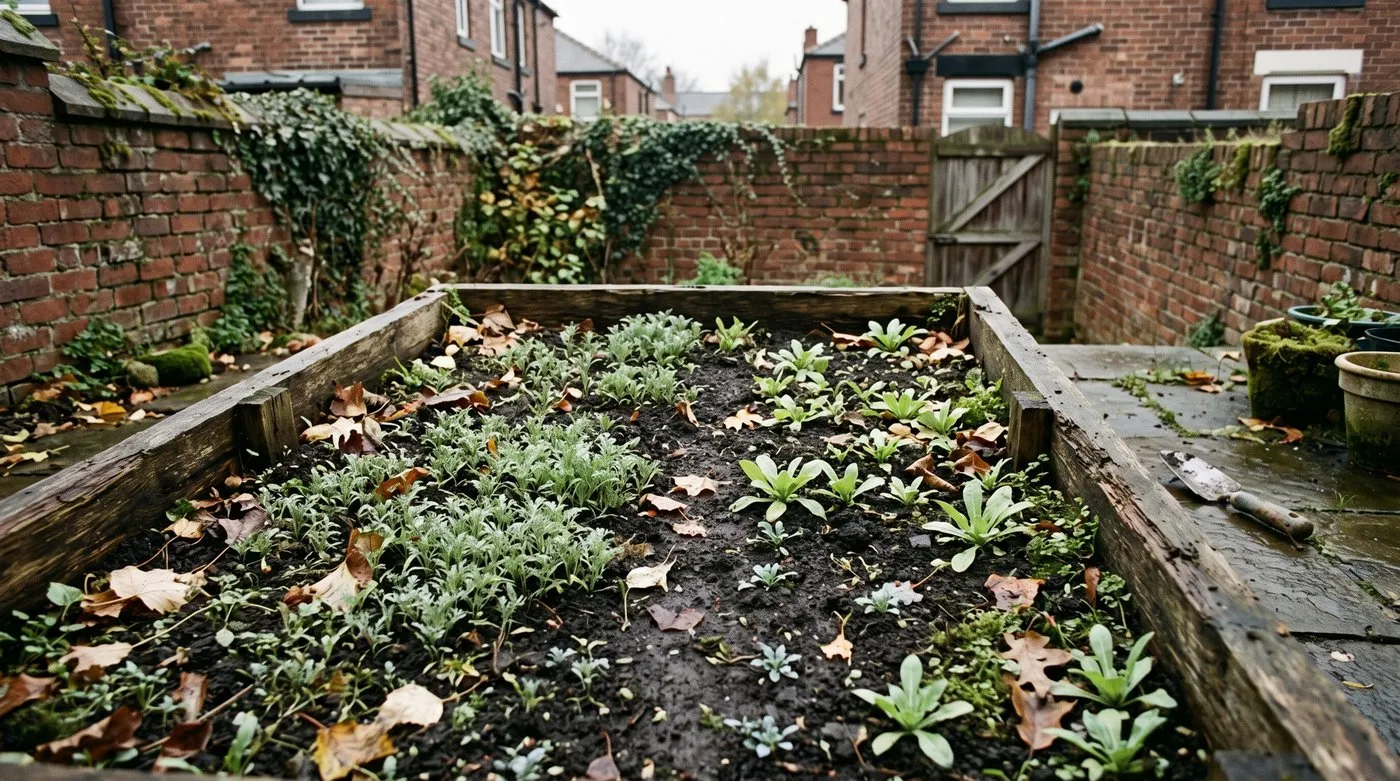 Young cornflower, calendula and poppy seedlings from an autumn chaos sowing in a raised bed
