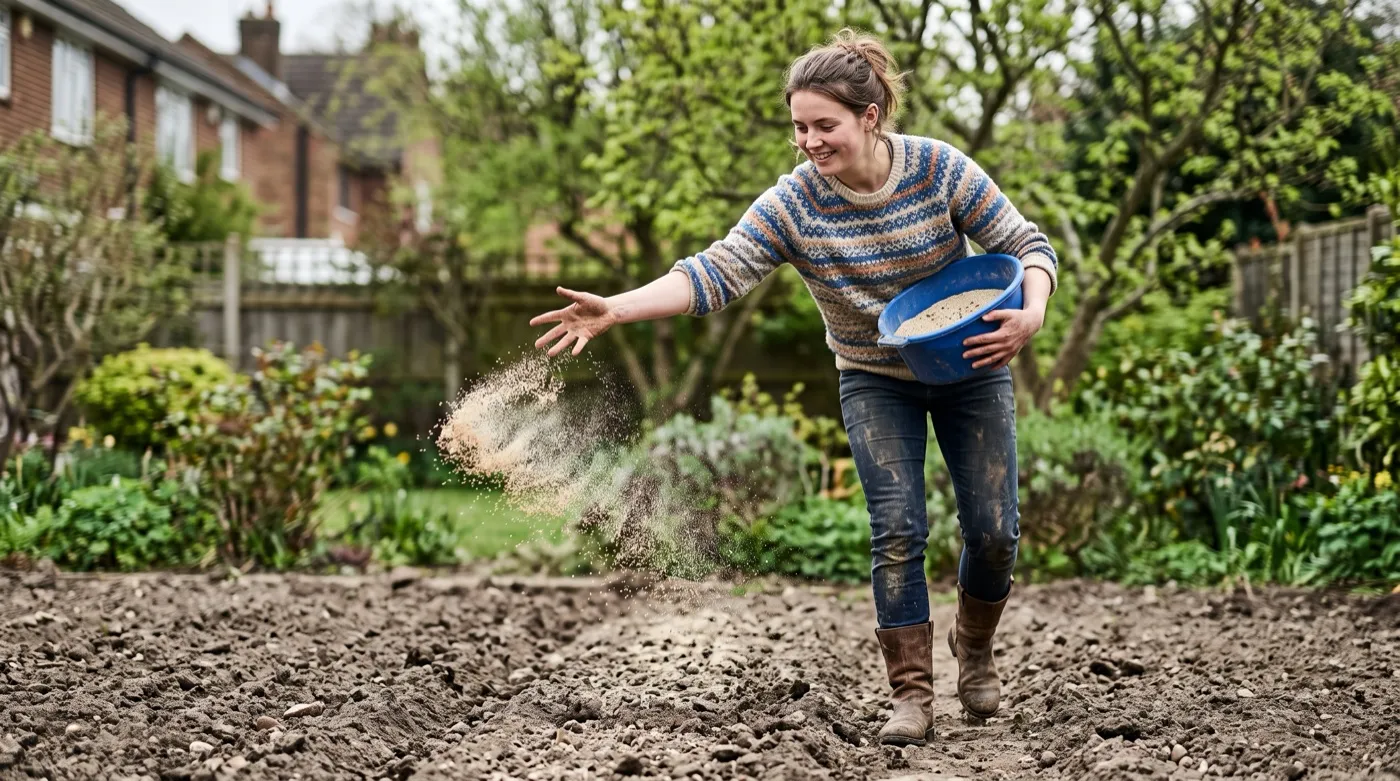 A woman in her twenties broadcasting mixed leftover seed onto a prepared bed for chaos gardening
