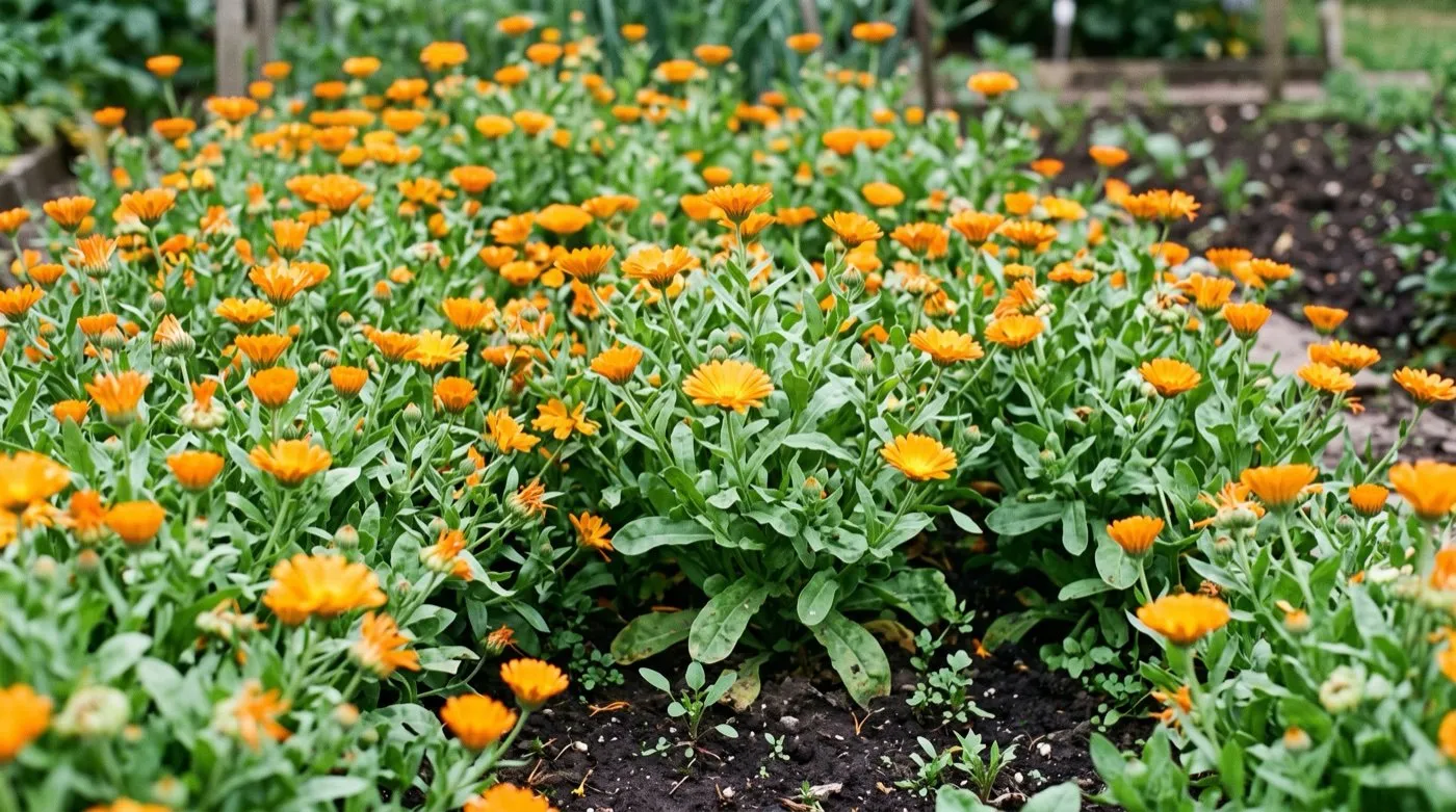 Calendula and borage dominating a chaos gardening bed, smothering the smaller seedlings beneath them
