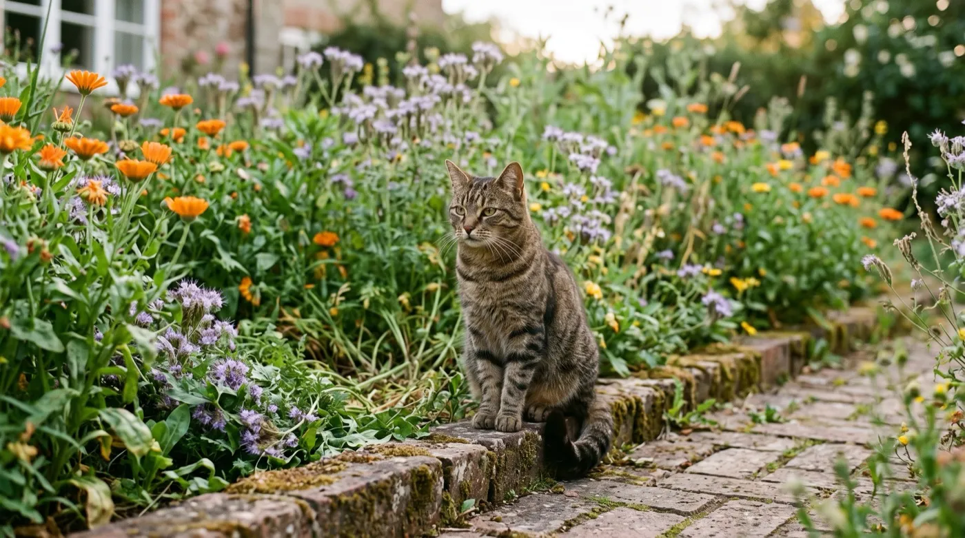 A cat sitting on the edge of a chaos gardening bed among self-sown calendula and borage in a UK garden