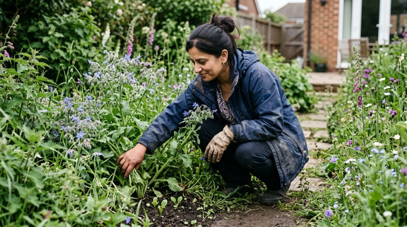 A British Pakistani woman in her forties inspecting a jumbled chaos gardening bed to see which seedlings are being smothered