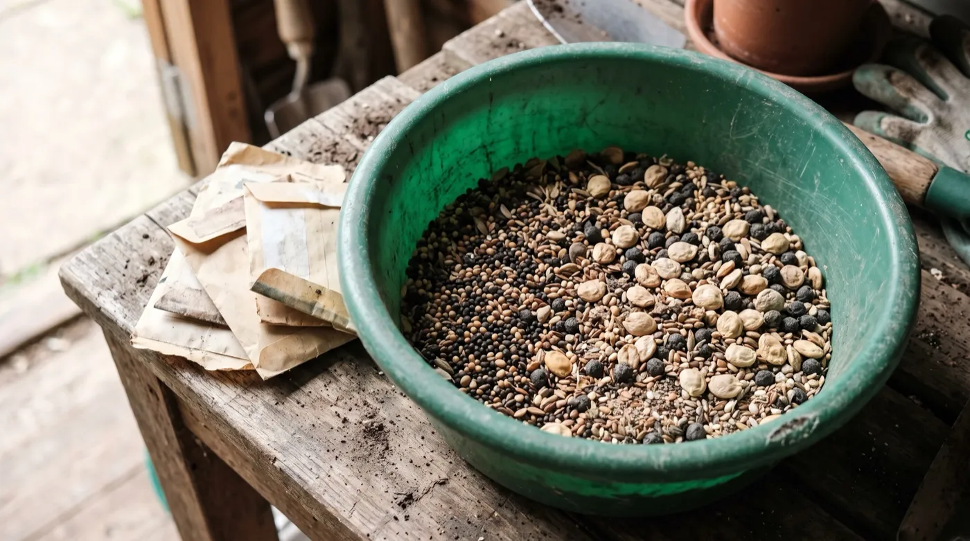 Chaos gardening seed mix of nineteen leftover packets stirred together in a bowl before broadcast sowing