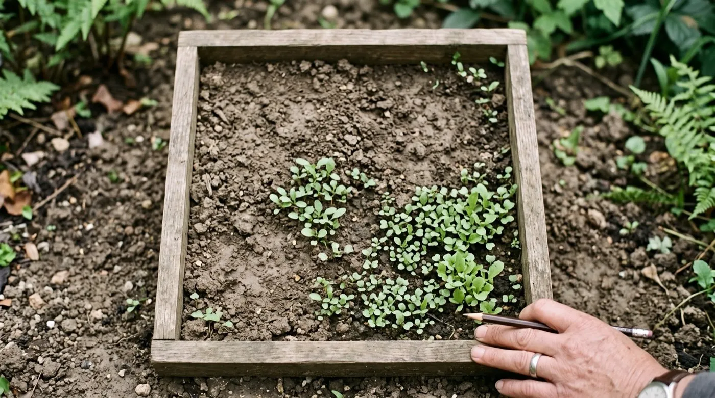 Seedling counting quadrat on a chaos gardening bed showing uneven emergence six weeks after broadcast sowing