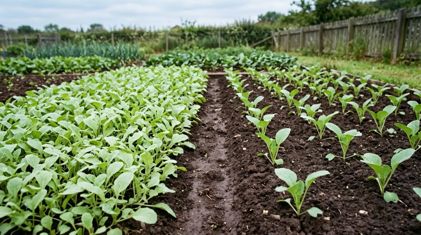 Comparison of a thinned chaos gardening bed and an untouched bed showing the difference in flowering species