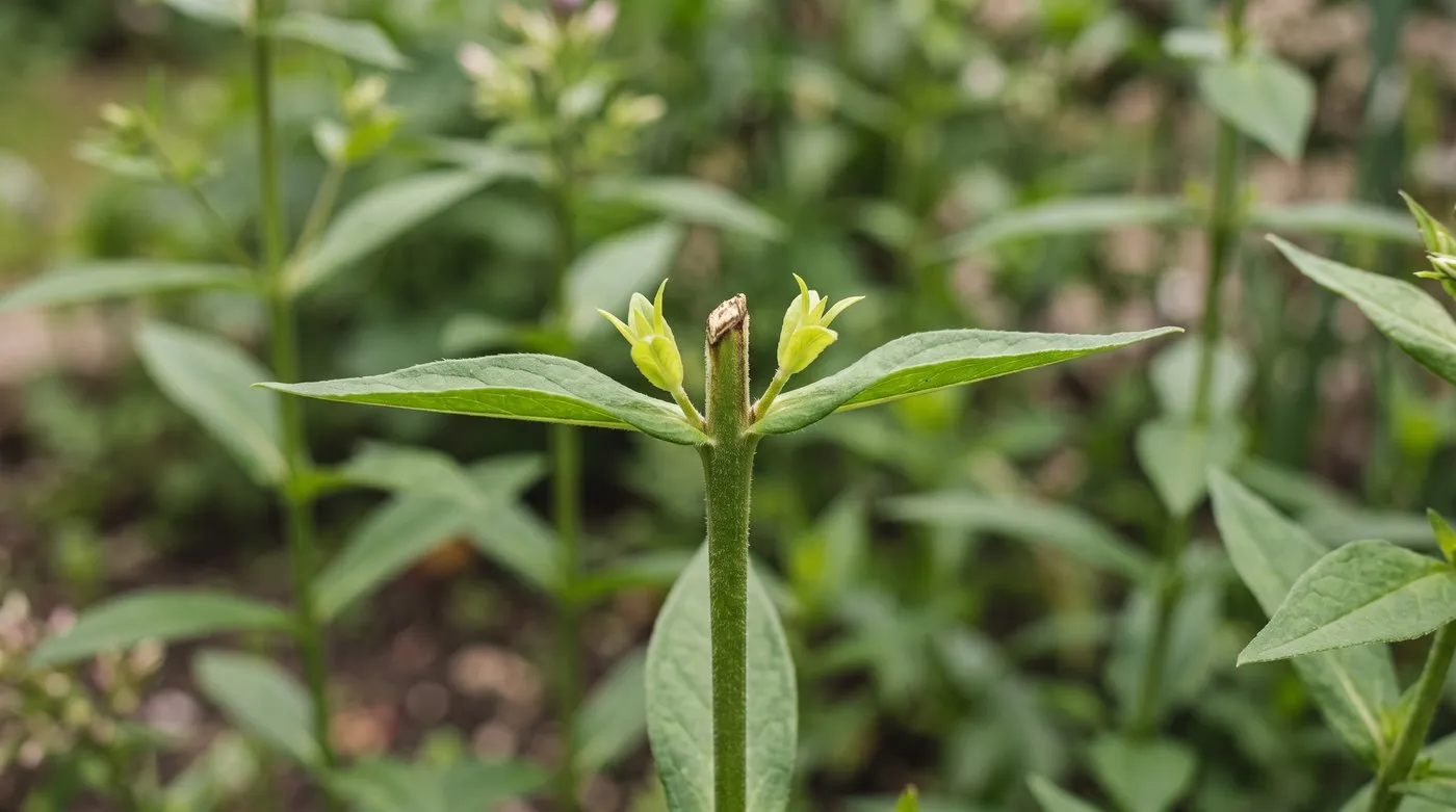 Phlox stem after the Chelsea chop with two new side shoots growing from the leaf joint below the cut