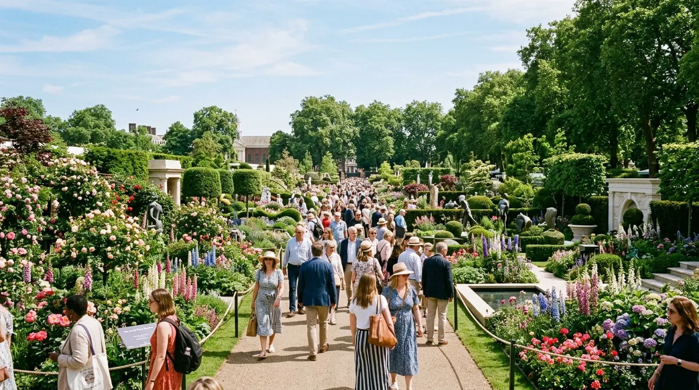 Chelsea Flower Show main avenue with visitors viewing elaborate show gardens in May sunshine