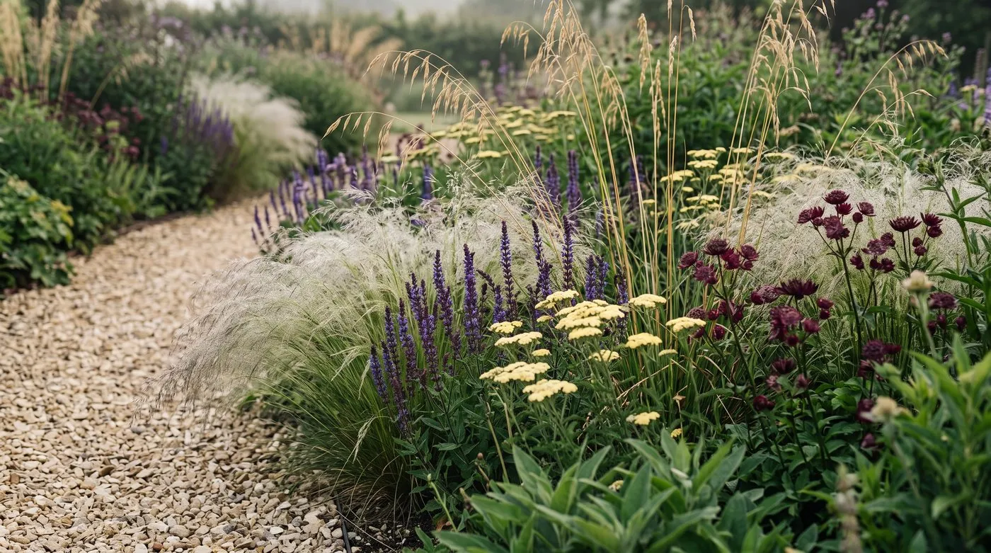 Naturalistic planting of Deschampsia and Stipa gigantea grasses woven through salvia, achillea and astrantia