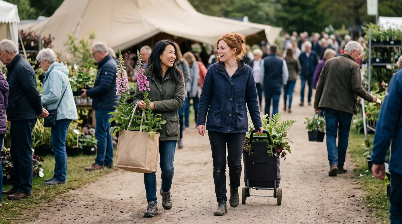 Two women carrying potted plants and a wheeled trolley full of plants at the Chelsea Flower Show sell-off