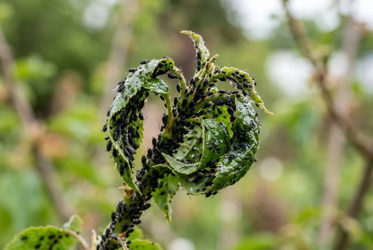 Curled cherry leaves at a shoot tip infested with black cherry blackfly aphids
