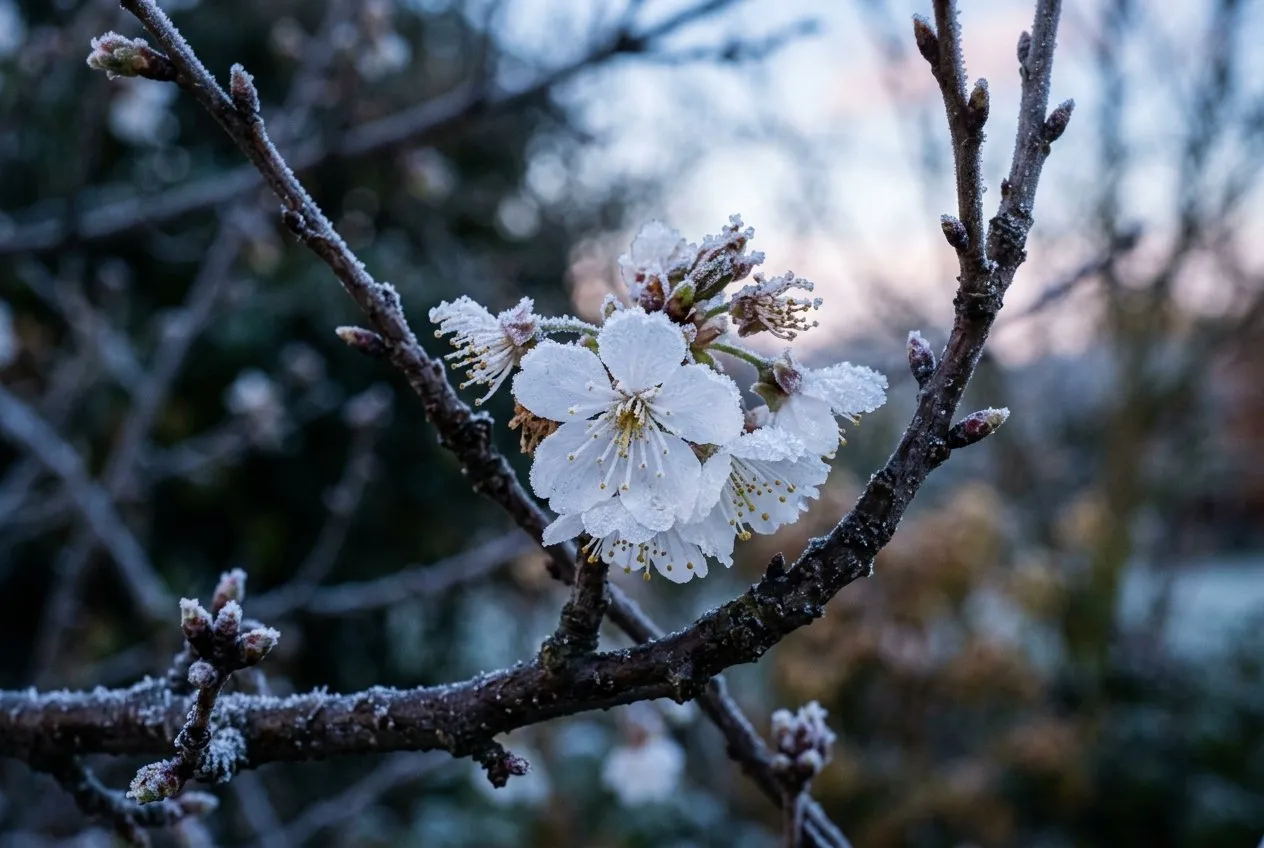 Cherry blossom coated in white frost on a cold UK spring morning