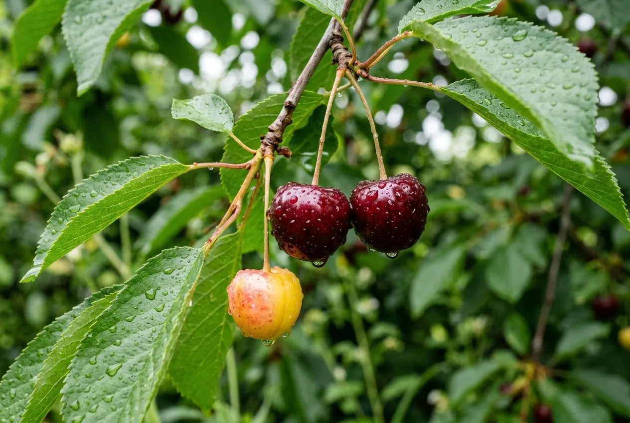 Ripe dark red cherries and one half-coloured yellow-pink cherry on a branch