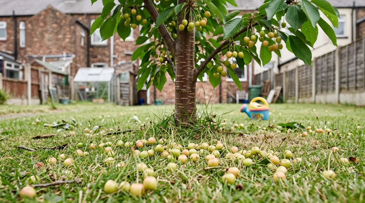 Small unripe cherries on long stalks fallen on the lawn under a young cherry tree in early summer