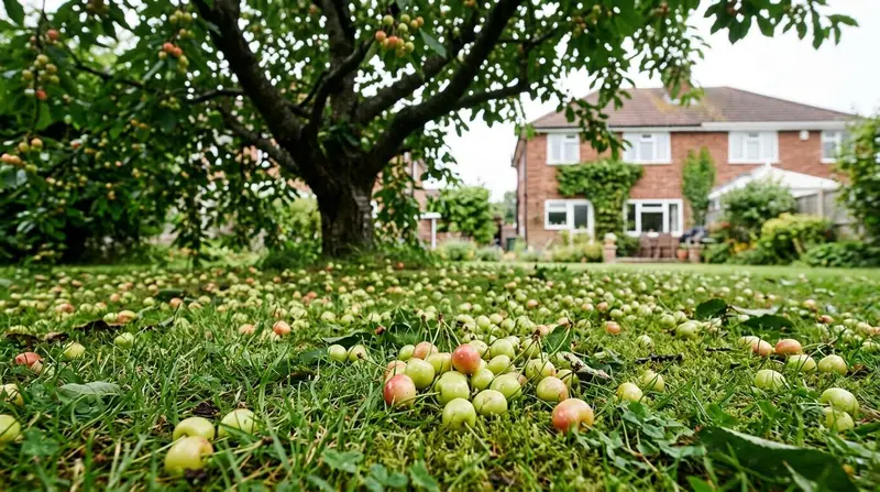 Small unripe cherries fallen on the ground beneath a sweet cherry tree in a UK back garden