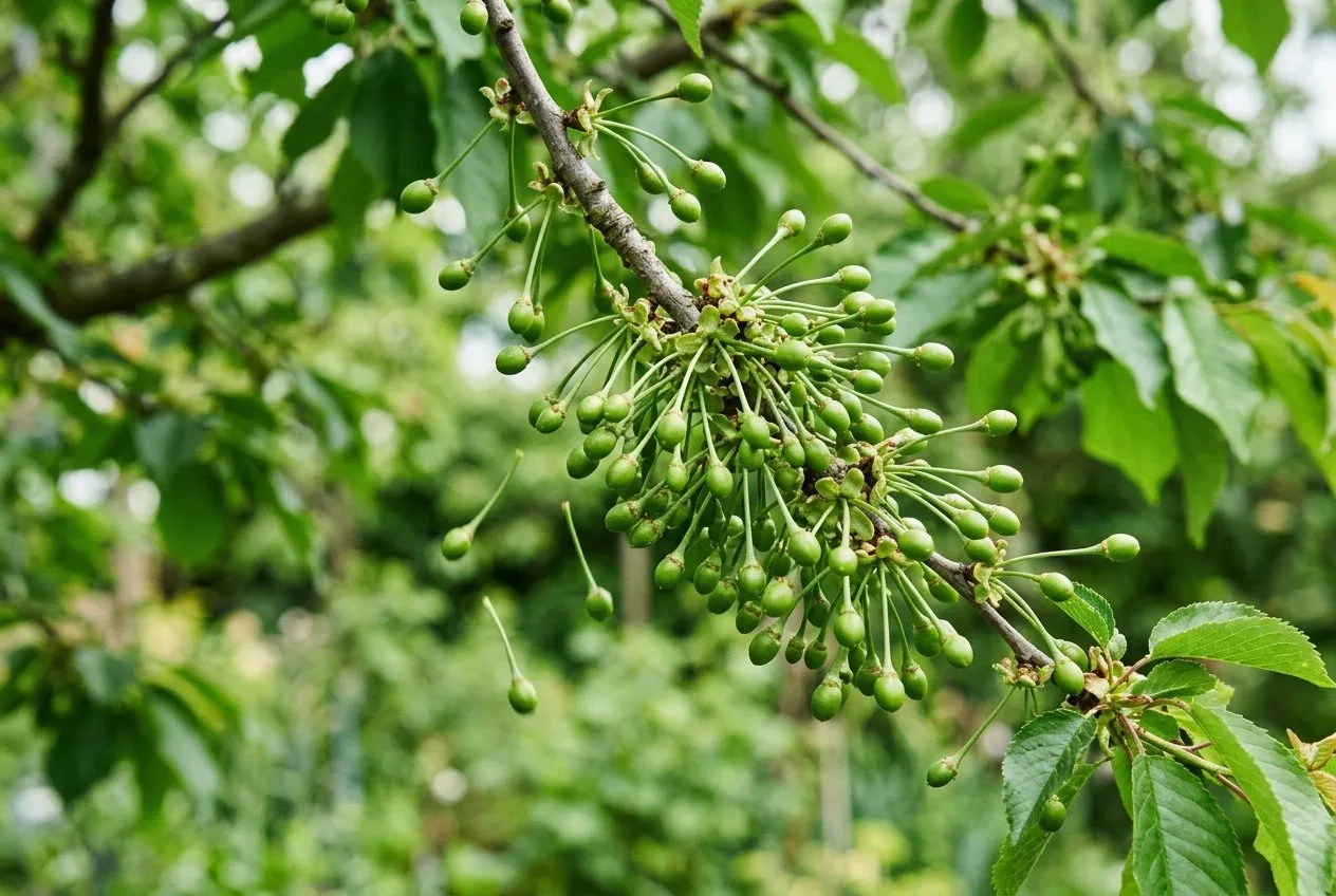 A cluster of pea-size green cherry fruitlets on a branch in early summer, some beginning to drop