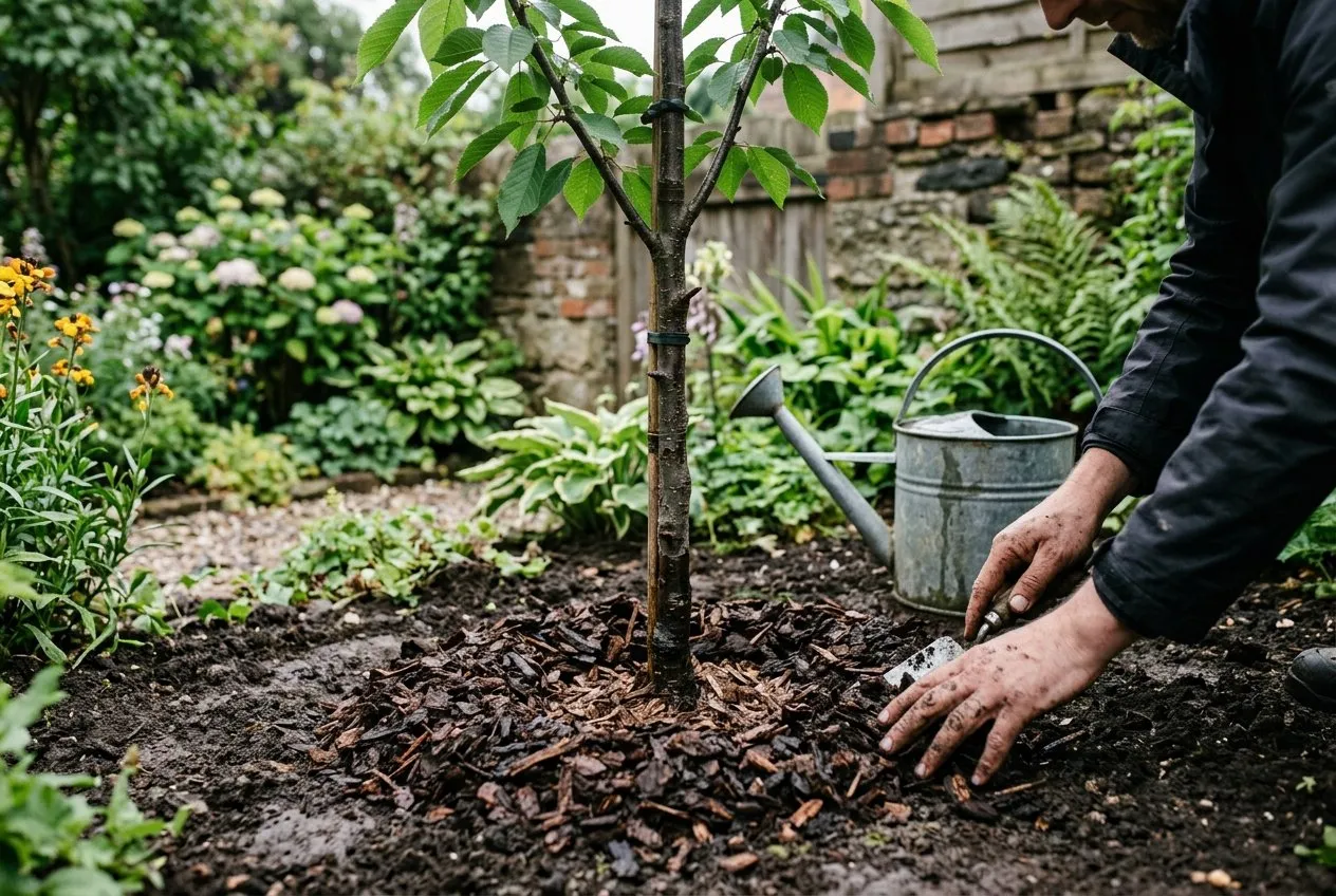 A gardener mulching and watering the base of a cherry tree with a bark mulch ring around the trunk