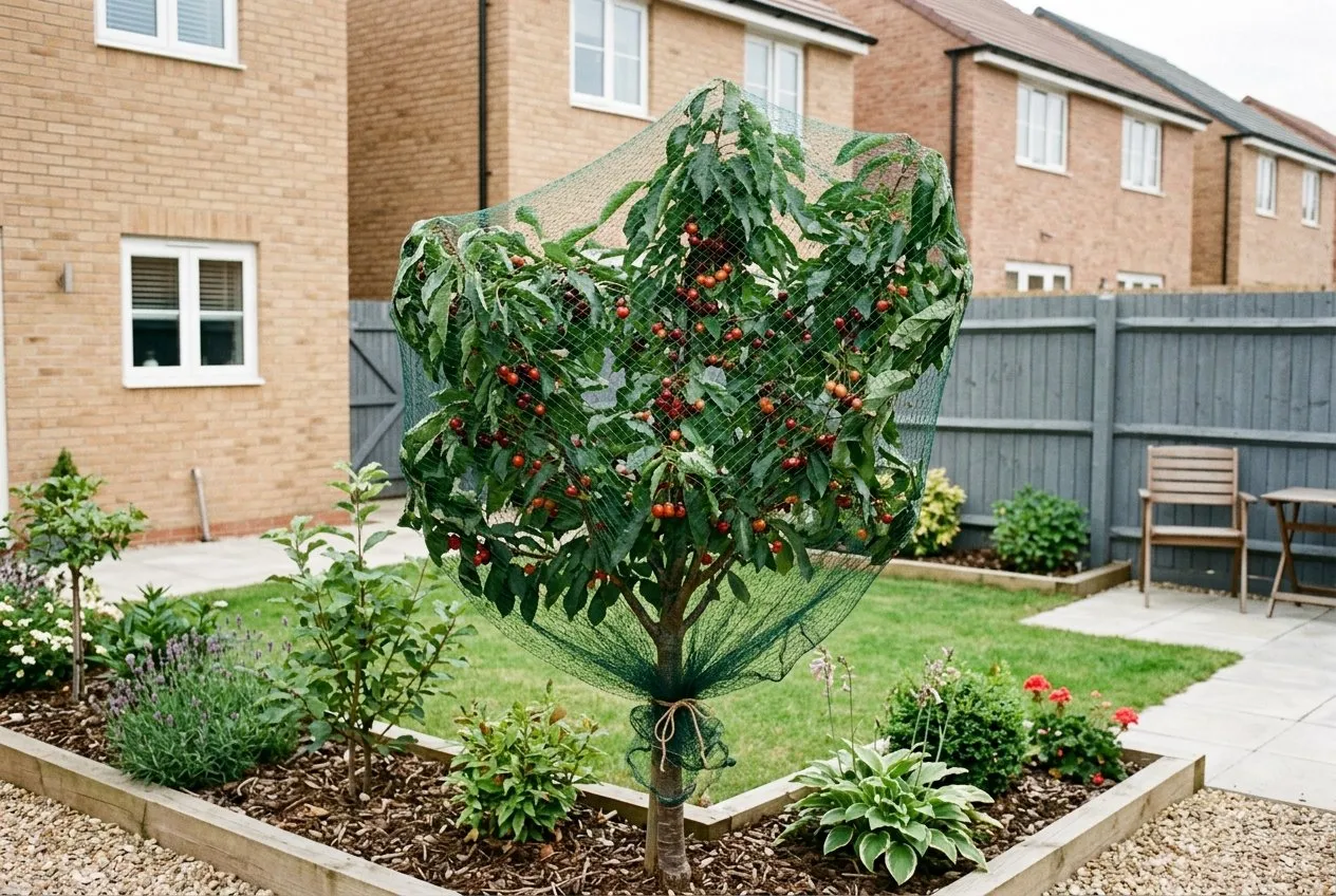 A garden cherry tree draped in fine netting to protect the ripening fruit from birds
