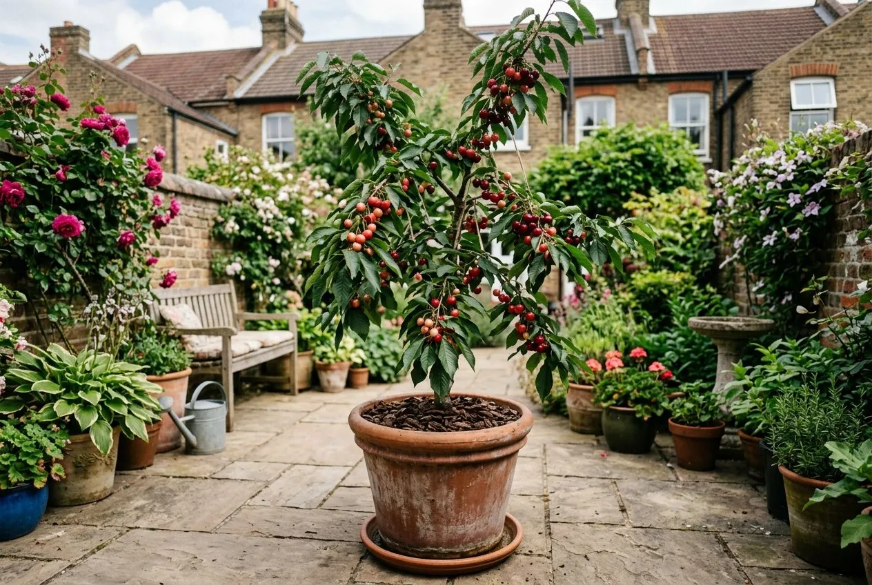 A container-grown sweet cherry tree in fruit on a UK patio, standing on a saucer with mulched compost