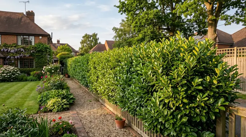 Tall mature cherry laurel hedge with glossy dark green leaves along a UK suburban garden boundary in late afternoon light