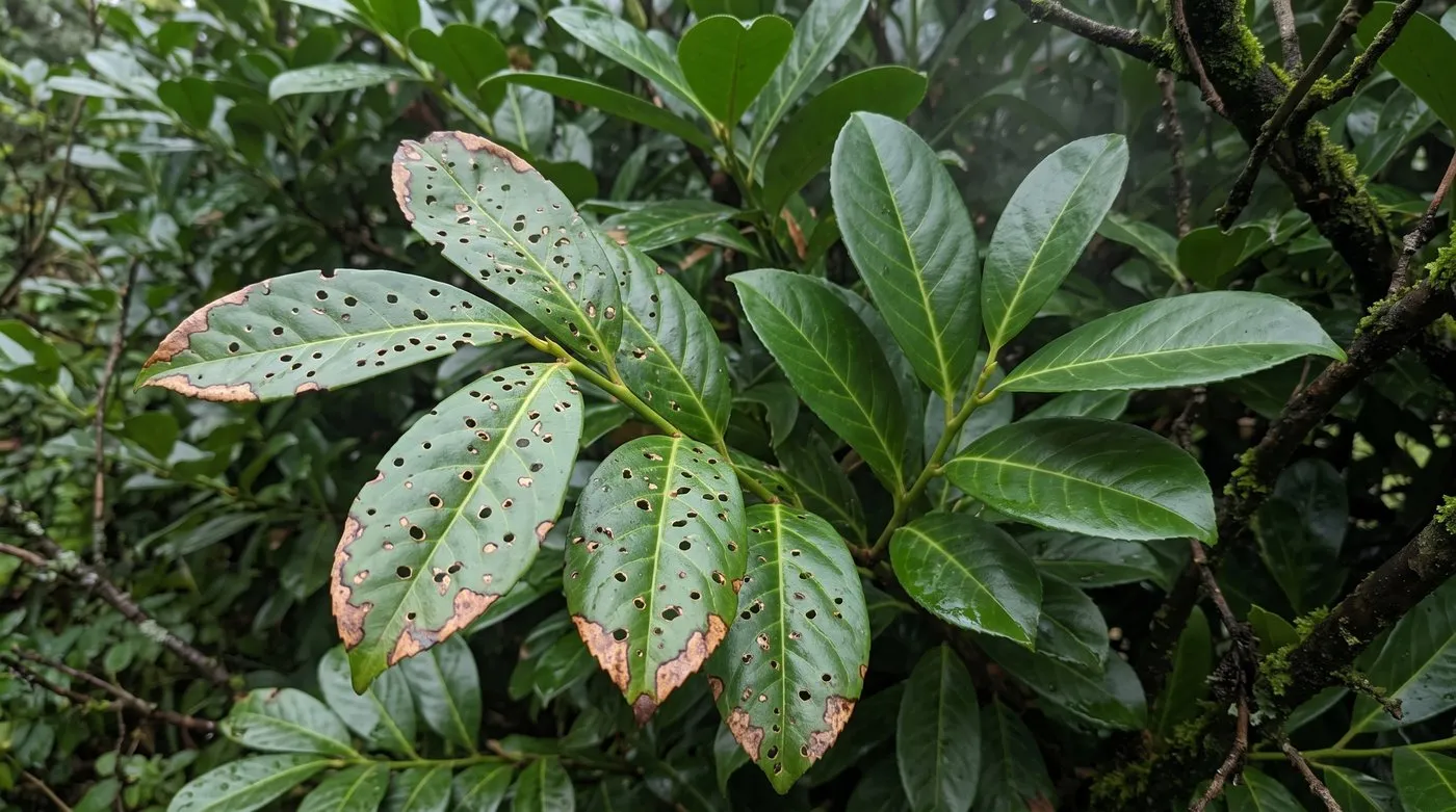 Cherry laurel leaves with small round brown-edged shot holes beside healthy glossy leaves