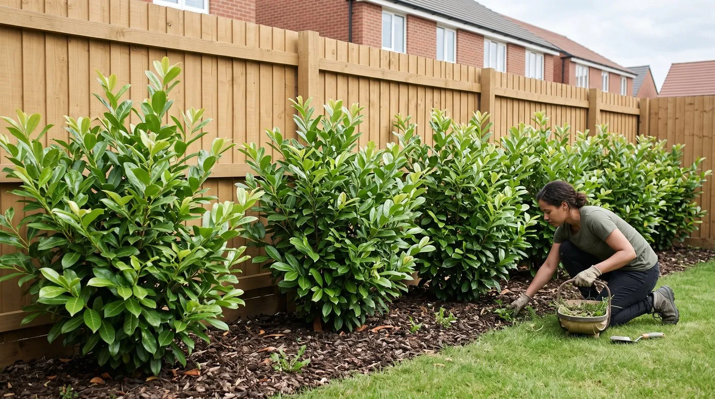 Young cherry laurel hedge about 1.2m tall knitting together along a garden fence with a gardener weeding the mulch