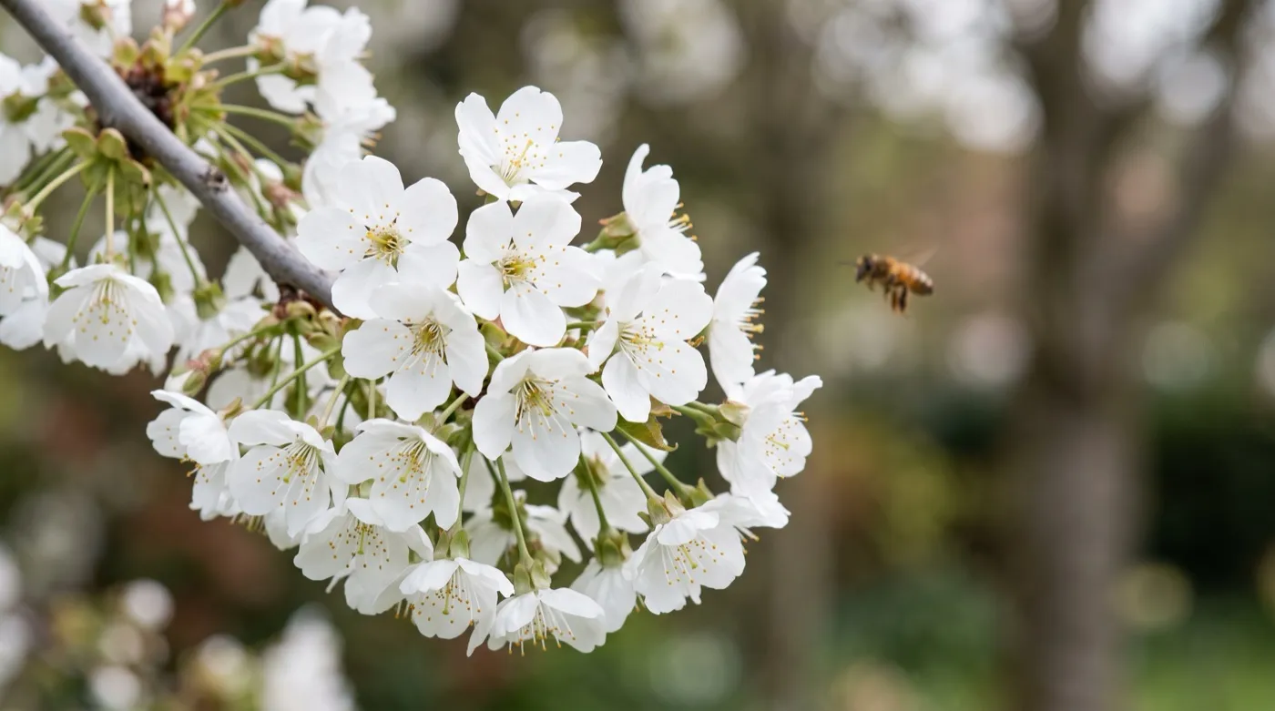 White cherry blossom in sharp focus in an April UK garden with a single honeybee blurred in flight behind