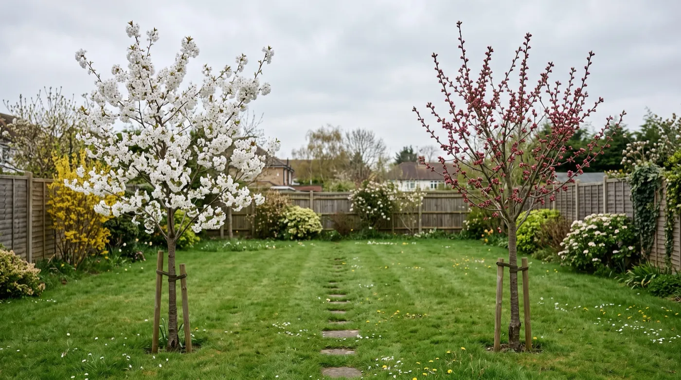 Two cherry trees in one UK garden in April, the left in full white blossom, the right still at tight pink bud